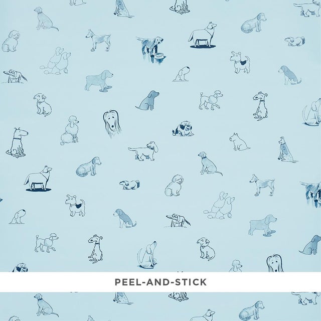 Schumacher x The New Yorker Good Dogs Everywhere Peel & Stick Wallpaper In Sky & Navy Blue For Sale