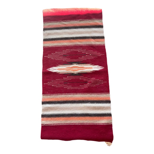 Vintage Chimayo Burgundy Red Wool Runner Weaving For Sale