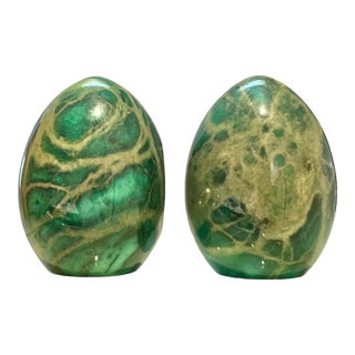 Vintage Green Malachite Egg Alabaster Stone Book Ends - a Pair For Sale