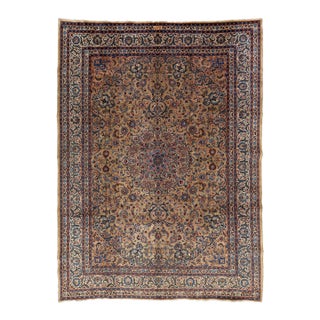 Brown Vintage Kashan Handmade Wool Rug With Rosette Motif For Sale