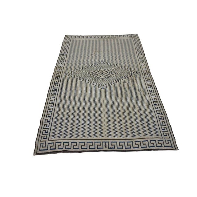 Beige 1890s Beige Field Antique Greek Key Border Native American Navajo Flatwoven Rug For Sale - Image 8 of 12