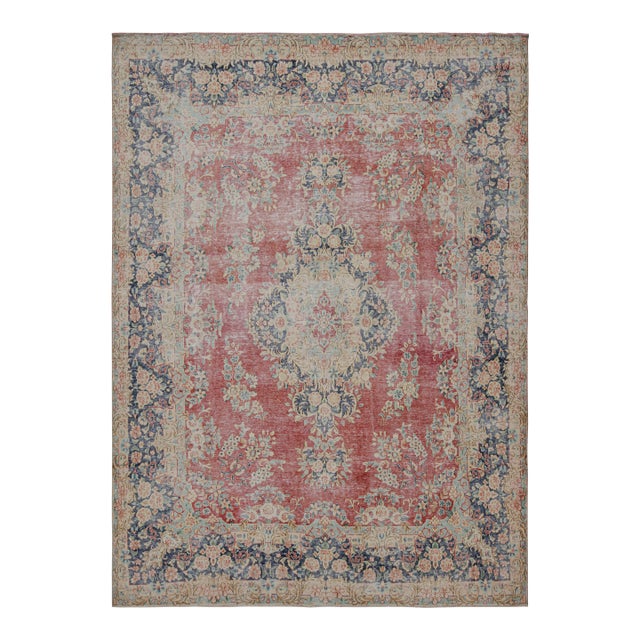 Vintage Persian Kerman Rug in Red, Blue and Beige Floral Patterns by Rug & Kilim For Sale