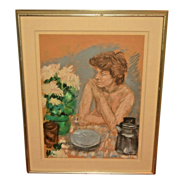 Georg Eisler Vintage Signed Semi Nude Female Figure Floral Still Life Interior Portrait Painting Dated 1982 For Sale