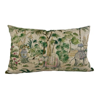 Large Bolster Pillow Decorated With an Exotic Scene of Elephants Beneath a Cool Canopy of Palm Trees and Pink Flowers - Made in U K For Sale