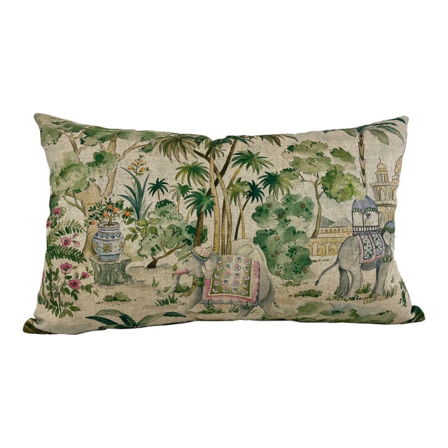 Large Bolster Pillow Decorated With an Exotic Scene of Elephants Beneath a Cool Canopy of Palm Trees and Pink Flowers - Made in U K For Sale