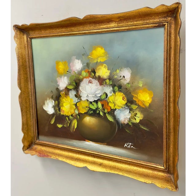 Still Life Oil on Canvas Painting of White and Yellow Roses, Signed For Sale - Image 4 of 10