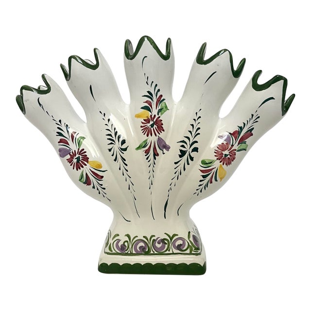 Vintage Portuguese Five-Finger Majolica Bud Vase For Sale