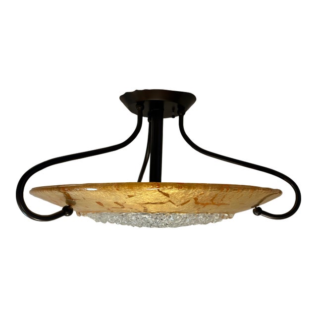 Vintage H. A. Framburg Brocatto 3-Light Semi-Flush Mount Featuring Italian Lace Glass-Bronze and Gold For Sale
