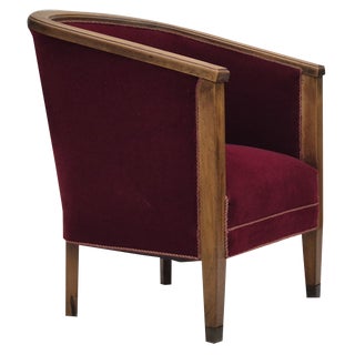 Danish Armchair in Beech & Velour, 1950s For Sale