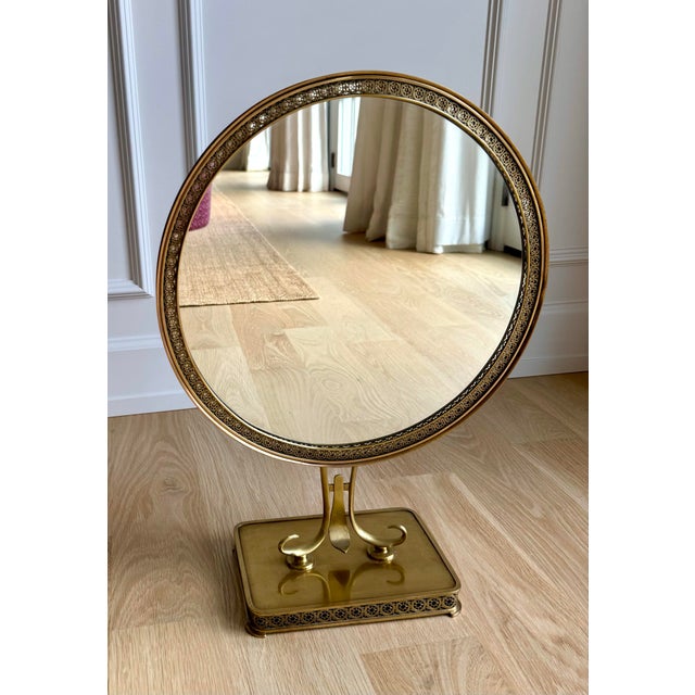 1950s Large 1950s Italian Brass Vanity Mirror With Pierced Star Border & Scroll Base, 22″ For Sale - Image 5 of 7