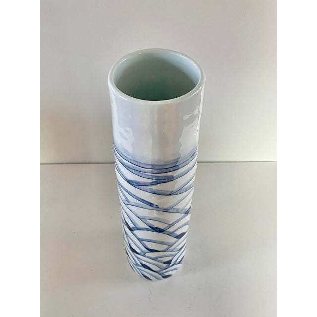 1980s Vintage Gump's Blue & White Tall Ceramic Vase For Sale - Image 5 of 9