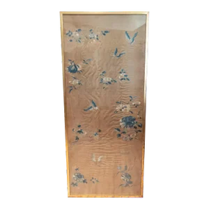 19th Century Chinese Large Framed Silk Embroidered Textile Fragment With Flowers