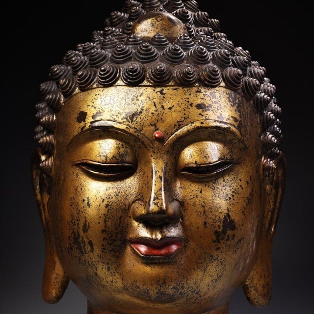 Asian Monumental Vintage Gilt Bronze Buddha Head Sculpture - Large Asian Zen Decor, 20 LBS For Sale - Image 3 of 9