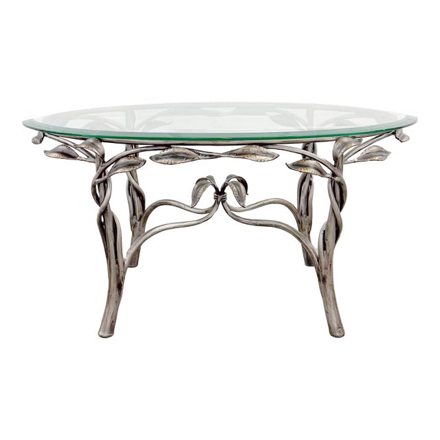 Vintage Robb & Stucky Hollywood Regency Vine Palm Floral Wrought Iron Coffee Table For Sale