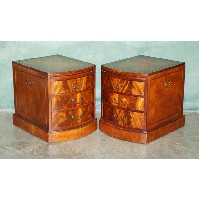 Pair of Regency Style Flamed Mahogany Brown Hand Dyed Leather Topped Bedside, Nightstand, Occasional Chests with Butler...