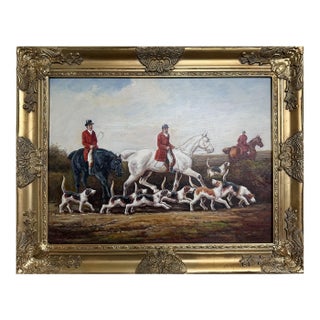 Original Fox Hunting Oil Painting Signed English Hunt Horses Hounds Framed For Sale