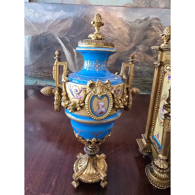 Mid 19th Century Antique Sevres Style Jeweled Clock Set Ormolu Bronze For Sale - Image 5 of 18