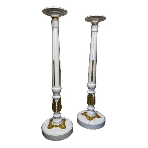 Large Painted and Parcel Gilt Carved Wooden Columns, Set of 2 For Sale