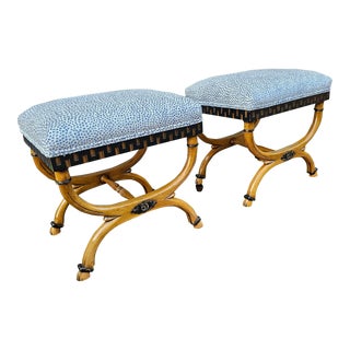 Pair of William Switzer Hand Carved Upholstered Regency Curule Benches For Sale
