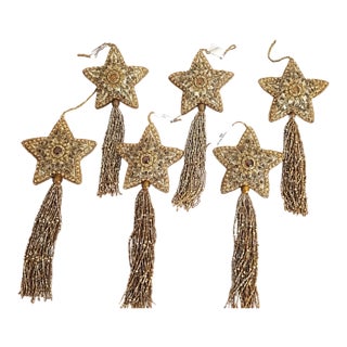 Set of 6 Embroidered Beaded Star Tassel Christmas Ornaments in Gold & Bronze For Sale