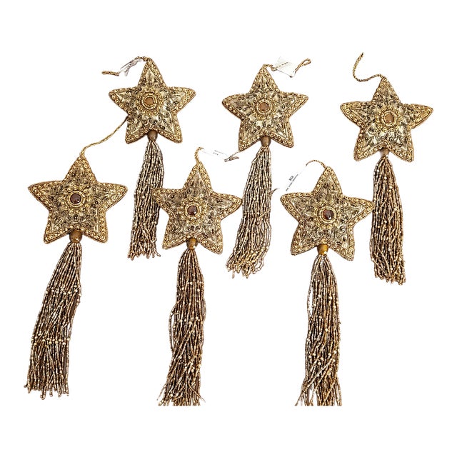 Set of 6 Embroidered Beaded Star Tassel Christmas Ornaments in Gold & Bronze For Sale