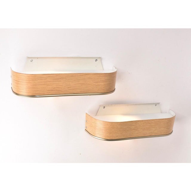 White Mid 20th Century Mid Century Modern Scandinavian Wall Sconces Faux Wood - a Pair For Sale - Image 8 of 10