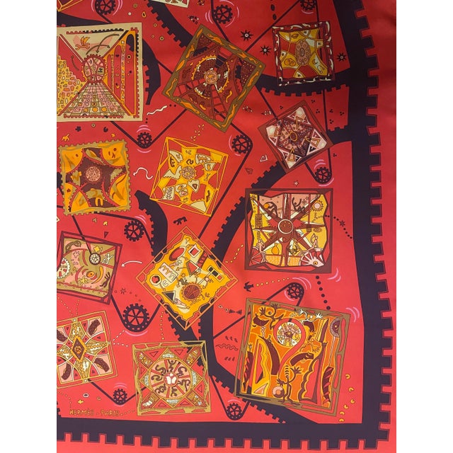 HERMES MÉCANIQUE des IDÉES red silk scarf designed Henry Christine 2004 France For Sale - Image 9 of 14