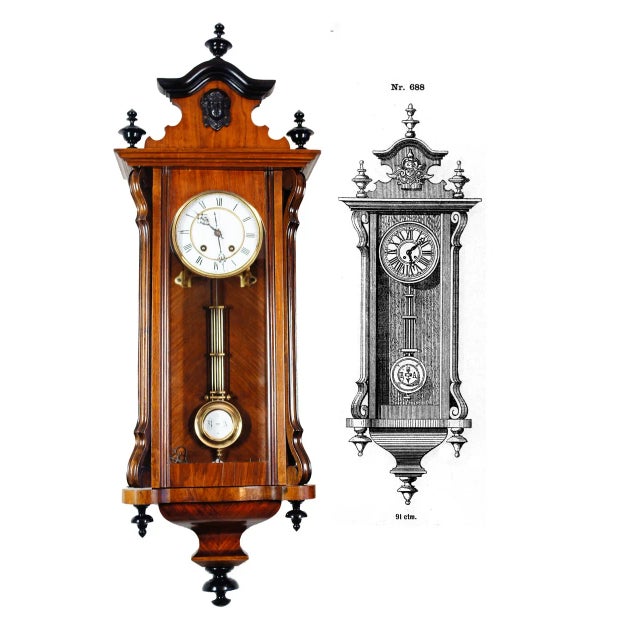 This is a wonderful antique clock in its walnut case. All original front and side glass. On the back of the case, there is...