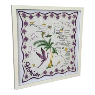 Vintage Florida State Map Handkerchief Framed– Coastal Flamingo Motif For Sale