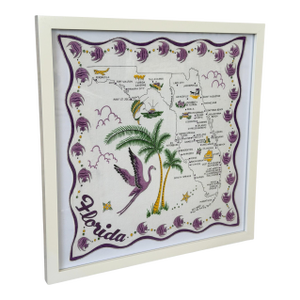 Vintage Florida State Map Handkerchief Framed– Coastal Flamingo Motif