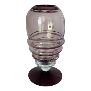 Late 20th Century Blenko Handblown Amethyst Purple Art Glass Vase Ribbed With Concentric Circles, Footed For Sale