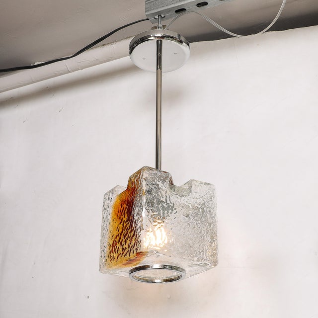 Mid-Century Hand-Blown Amber Murano Glass W/ Chrome Pendant Chandelier For Sale In New York - Image 6 of 12
