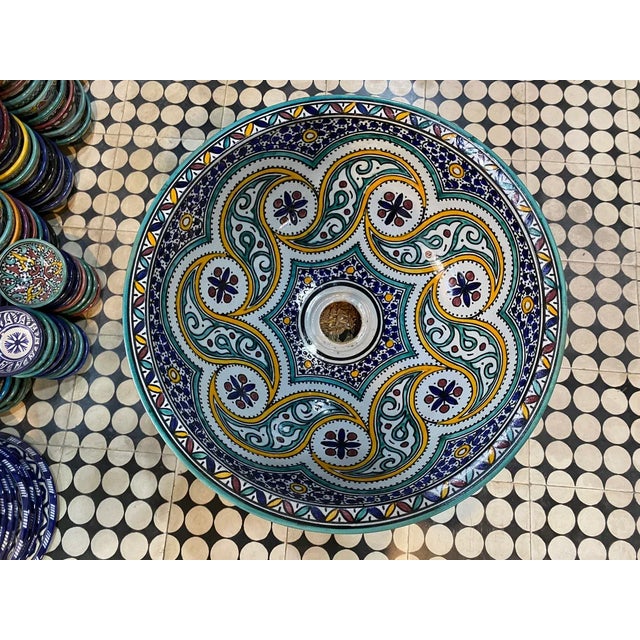Contemporary Contemporary Handmade Sink Handpainted Moroccan Zowaqa Pottery Sink Basin For Sale - Image 3 of 6