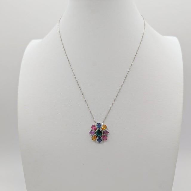 Multi Color Sapphire, Emerald and White Diamond Pendant Necklace in 18K For Sale - Image 4 of 6