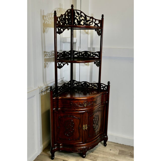 Wood Oriental Style Carved Corner Etagere with Cupboard and Drawer, 1970s For Sale - Image 7 of 9