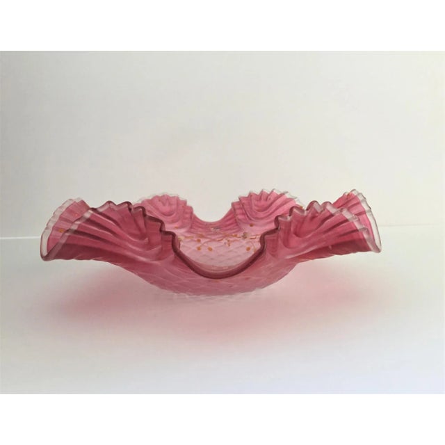Victorian Late 19th Century Bohemian Victorian Art Glass Pink Cranberry Satin Glass Bride's Bowl with Diamond Optic Quilting Enameled Flowers For Sale - Image 3 of 13
