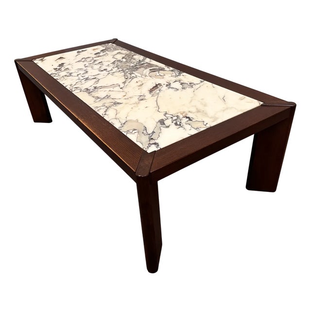 Large Belgian Oak Coffee Table with Breccia Marble Top, 1970s For Sale