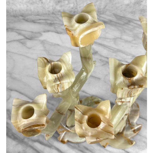 1970s Vintage Italian Onyx Stone Tulip Candelabra Candlestick Holders - Set of 3 For Sale - Image 5 of 11