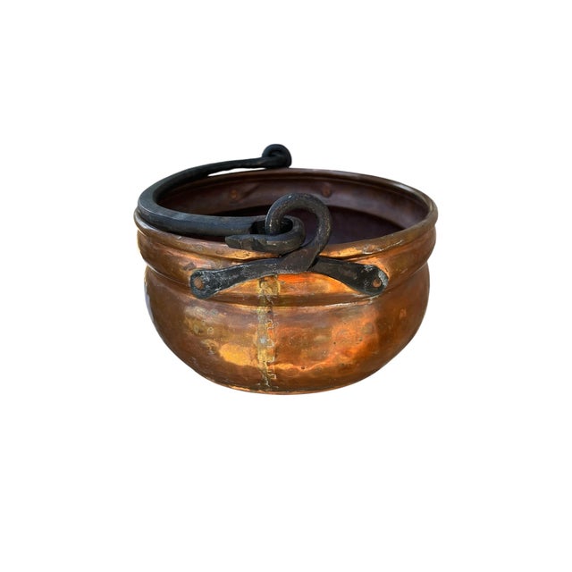 A Antique 19th Century Copper and Wrought Iron Pot or Fireplace Kelttle. For Sale - Image 4 of 6