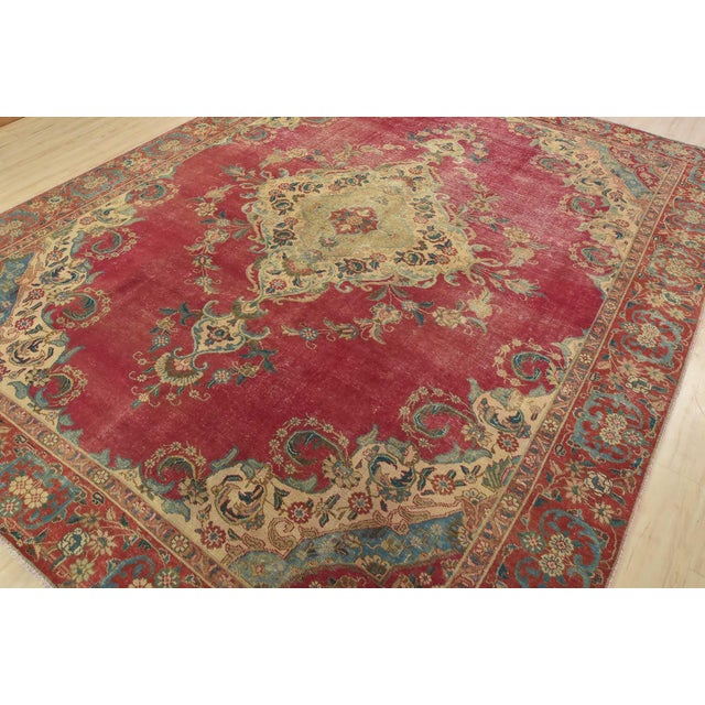 Farmhouse Tabriz Rug 9’5” X 11’9” Pink Wool Vintage Distressed Hand-Knotted Carpet For Sale - Image 3 of 15