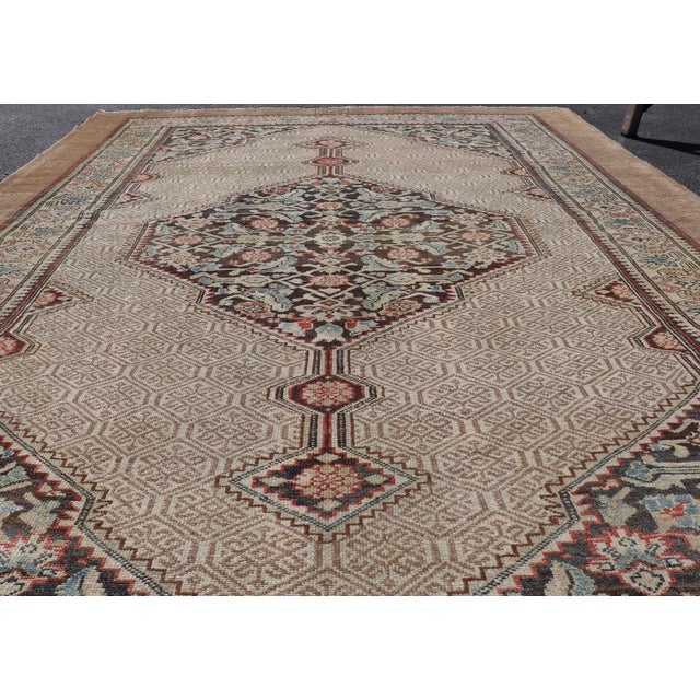 Antique Persian Serab Camel Hair Rug With Medallion and Geometric Design 6'7 X 10'7 For Sale - Image 4 of 15