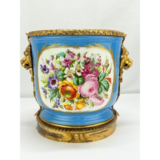 Metal 19th C. French Sevres-Style Porcelain Cachepot With Gilt Bronze Lion Mounts For Sale - Image 7 of 10