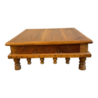 Vintage Decorative Teak Wood 18" Square Riser | Transitional Style Display Tray | Rustic Farmhouse Riser For Sale