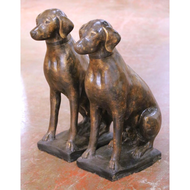 Mid 20th Century Pair of Mid-Century French Bronzed-Finish Cast Stone Labrador Dog Sculptures For Sale - Image 5 of 9