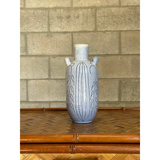 Large Blue and White Handled Vase with Floral Motif. Designed by Gabriel Burmeister for Gabriel Keramik, Sweden 1930s