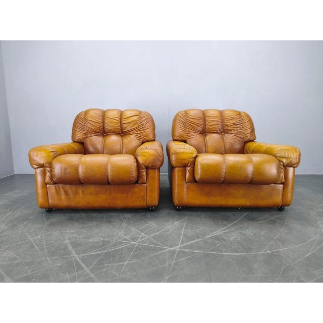1970s Mid-Century Italian Cognac Leather Lounge Armchairs, 1970s, Set of 2 For Sale - Image 5 of 12