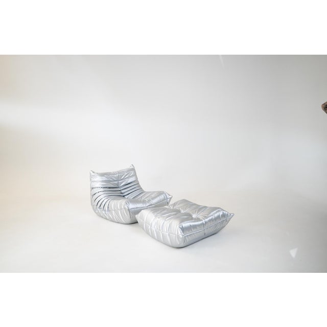 Togo Lounge Chair and Pouf in Silver Skai by Michel Ducaroy for Ligne Roset, 1973, Set of 2 For Sale - Image 10 of 10