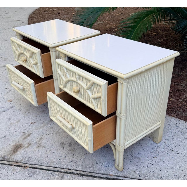 Ornamental & Decorative Materials Pair of Faux Bamboo Woven Rattan Nightstands For Sale - Image 7 of 12
