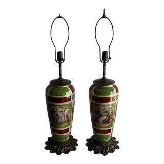 Pair of Mid 20th Century Colorful Porcelain Lamps Painted With Scenes From Ancient Greece For Sale