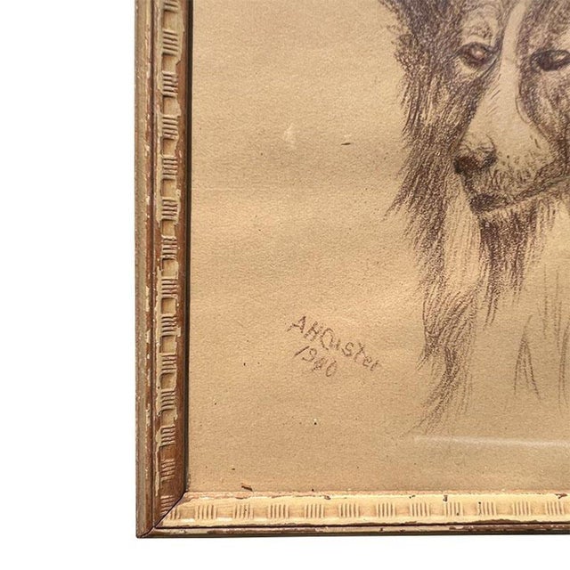A framed drawing of a dog on paper. This piece depicts the bust of a Collie in brown pencil. The piece is on brown or...